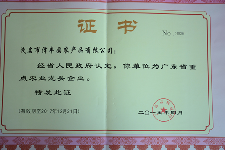 廣東省農(nóng)業(yè)龍頭企業(yè)證書(shū)